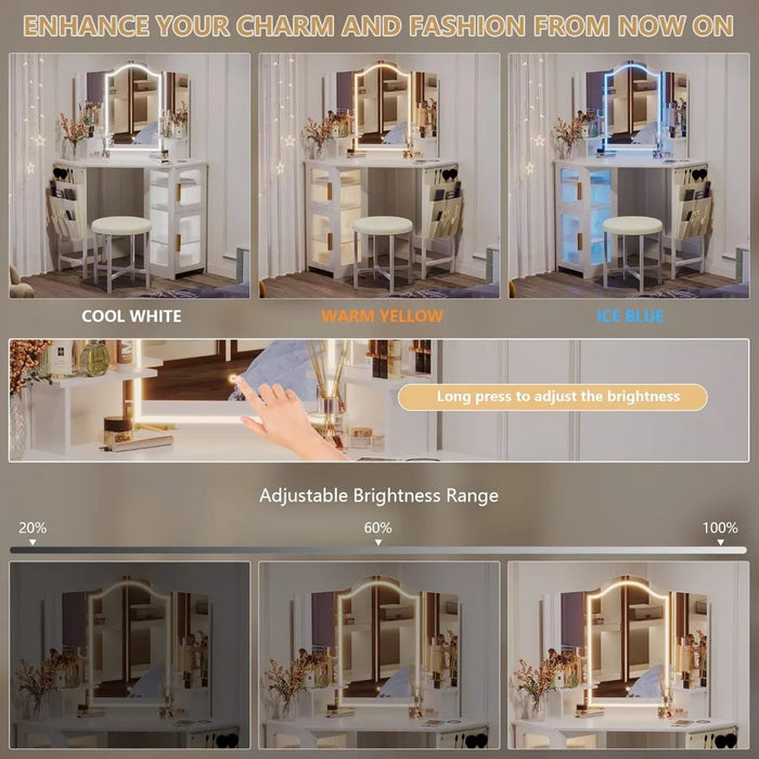 Vanity Desk with Mirror and Lights, Makeup Vanity with Charging Station, 3 Lighting Options, Dressing Table