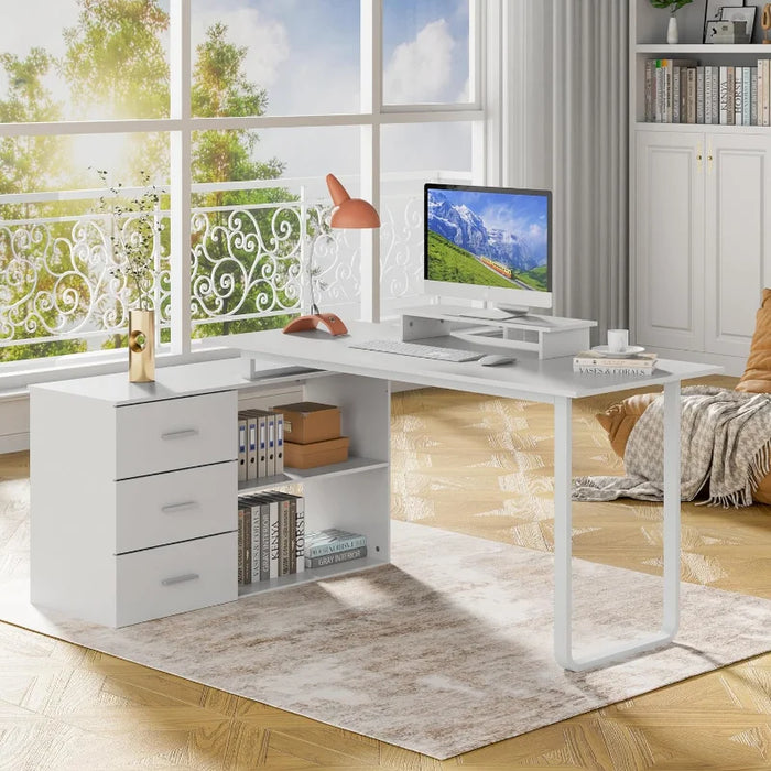 Anbuy L-Shaped Desk with Monitor Stand, Large Corner Computer Office Desk with Reversible 3 Drawers File Cabinet and Shelves