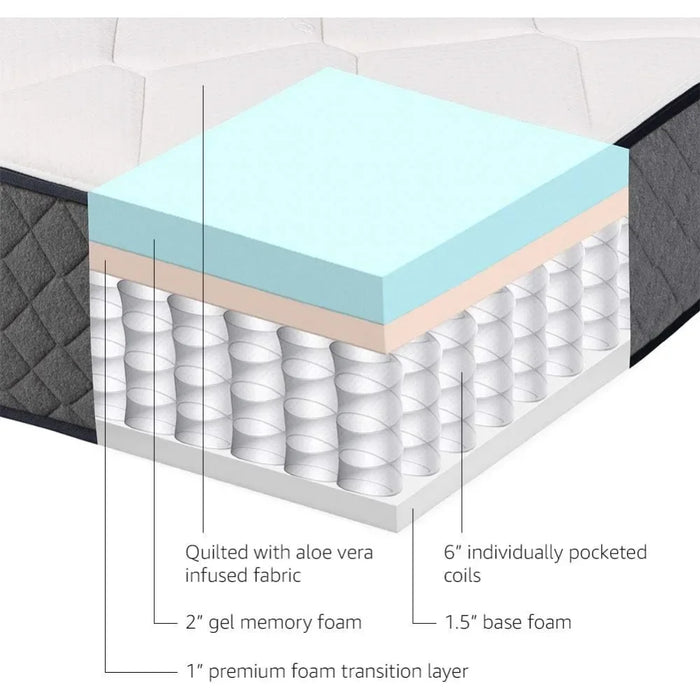 12" Queen Gel Memory Foam Hybrid Mattress, Medium Touch Sport Isolation Spring, White, Grey