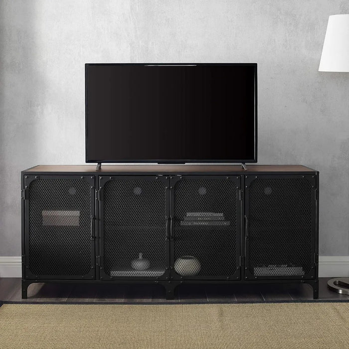 TV cabinet, 4-door metal mesh TV console, suitable for 65 inch deep walnut wood TV storage cabinet
