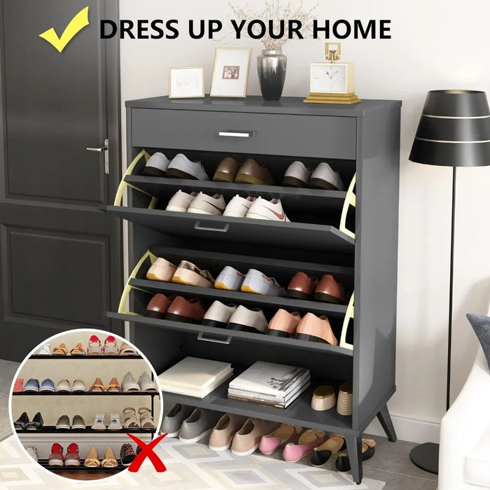 Shoe cabinet wooden freestanding shoe locker, modern slim narrow shoe storage rack, sliding drawer for entrance, grey