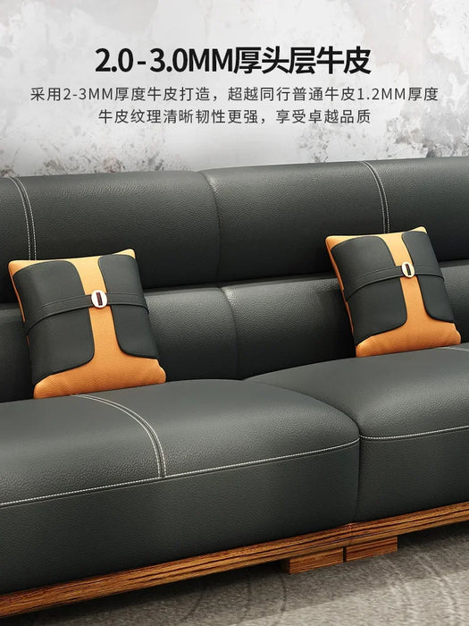 New Chinese Style Ugyen Wood Leather Sofa Living Room Yellow Leather New Solid Wood Combination