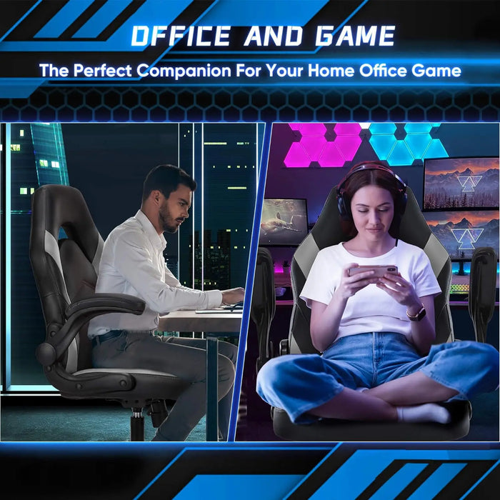 Office Ergonomic Computer Gaming Desk Racing Chair for Adults, Flip-up Arms Adjustable Height PU Leather Swivel with Wheel