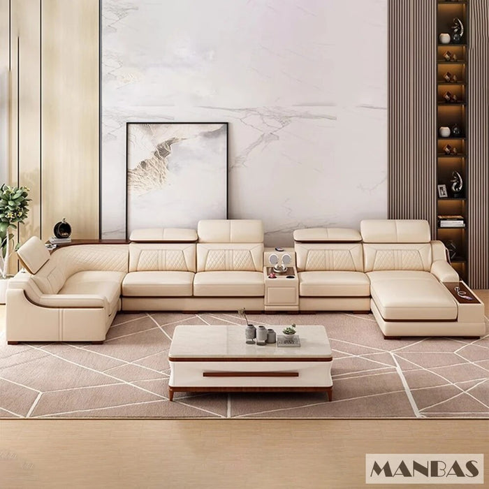 Premium Italian Leather Couch Set with Cup Holder, USB, Adjustable Headrests & Bluetooth Speaker - Linlamlim Living Room Sofas
