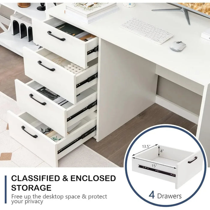 Tangkula White Desk with 4 Storage Drawers, Home Office Writing Desk, Modern Executive Desk, Laptop PC Desk, Vanity Makeup