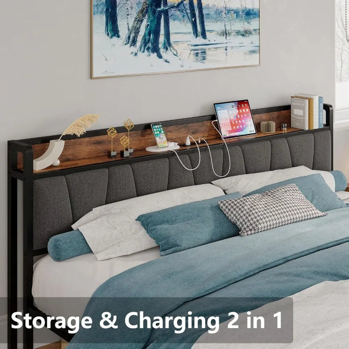 Bed Frames with Storage and Charging Station, Solid and Stable, Noise Free King Size Bed Frames