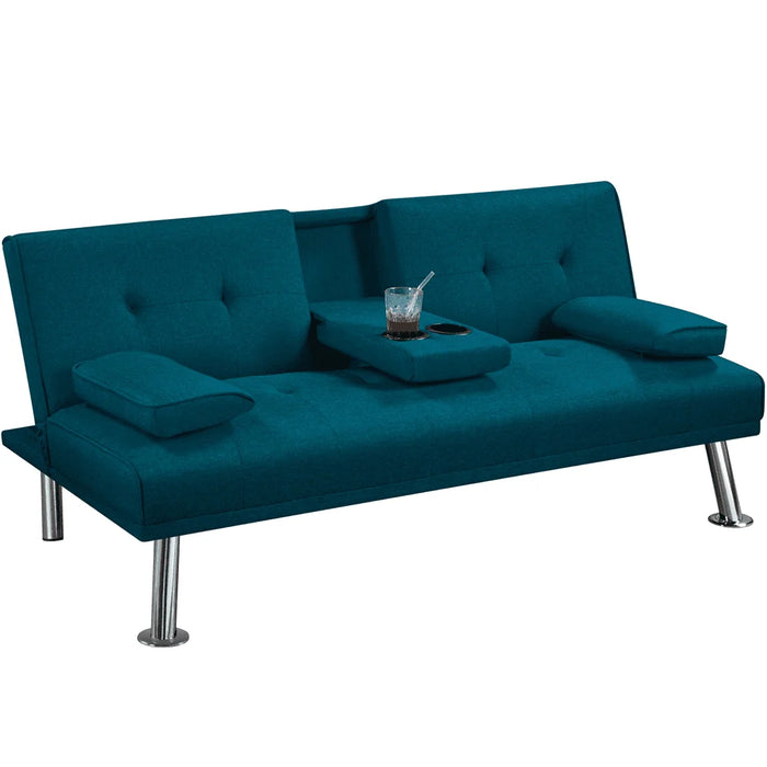 Modern Fabric Reclining Futon with Cupholders and Pillows, Aqua Blue, Suitable for Small Apartments, Lofts, Dorms