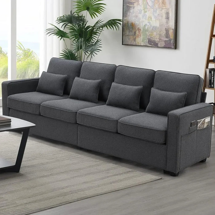 Living room sofa 104" linen sofa with armrest pockets, minimalist 4-seater sofa, dark grey