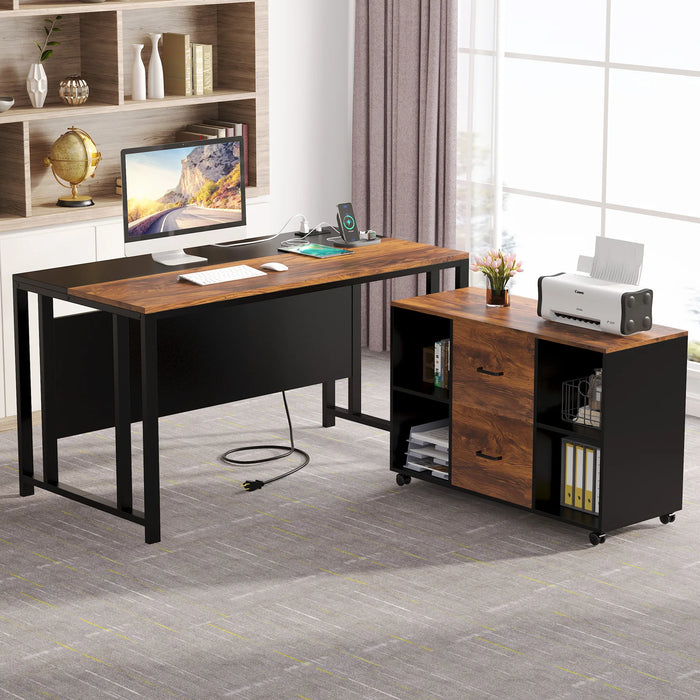 Tribesigns L-Shaped Computer Desk with Power Outlet and Drawer Cabinet, 55 inch Large Executive Office Desk Business Furniture