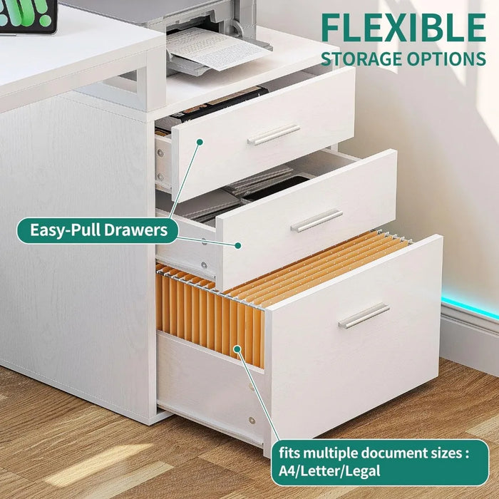L Shaped Desk with Power Outlets LED Lights File Cabinet,65"Computer Desk Corner Desk with 3 Drawers and 4 Storage Shelves,White