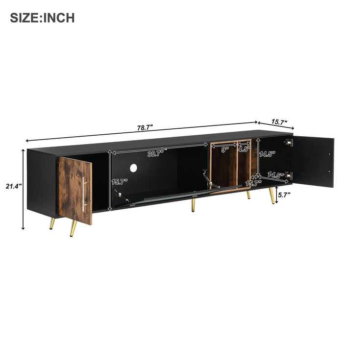 Stylish TV Stand W/Golden Metal Handles&Legs&Removable Compartment 2-Tone TV Cabinet Fluted Glass Door Media Console for 80" TVs
