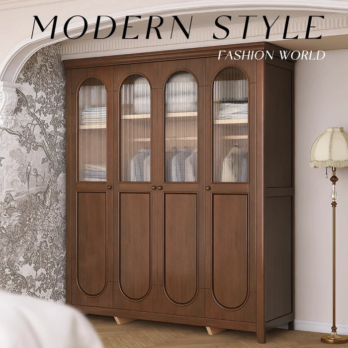 Solid wood wardrobe, household bedroom storage, four door wardrobe, French style wardrobe, glass door shoe cabinet