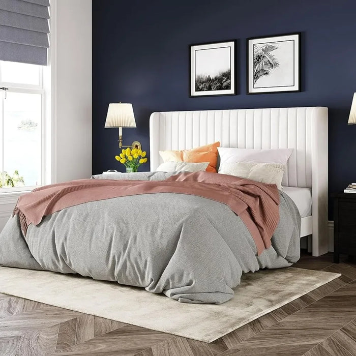 Bed FrameVelvet Bed Frame vertical groove tufted wing back headboard padded platform bed no springs required sturdy wooden slats