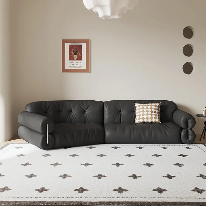 French retro light luxury leather sofa three middle black straight line head layer cowhide sofa