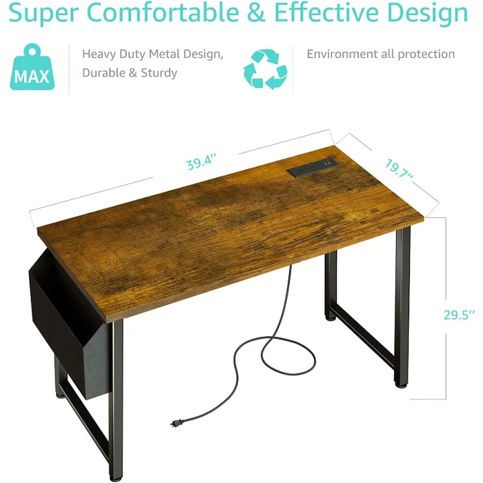 40 inch Computer Desk with Power Outlet, 39 inch Teen Study Table Home Office Work Writing Desk with Charging