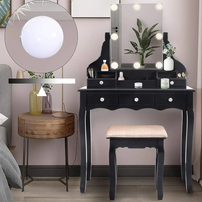 ENSTVER Vanity Set with Dimmer LED Light Bulbs,Makeup Table with Frameless Mirror and Cushioned Stool,5 Drawers,So