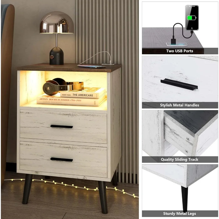 Night Stand With Drawers for Bedroom Nightstands Nightstand With Charging Station and USB Ports Furniture Home
