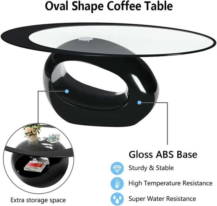 Black Oval Glass Coffee Table with Round Hollow Base-Modern End Side Coffee Table for Home Living Room Furniture