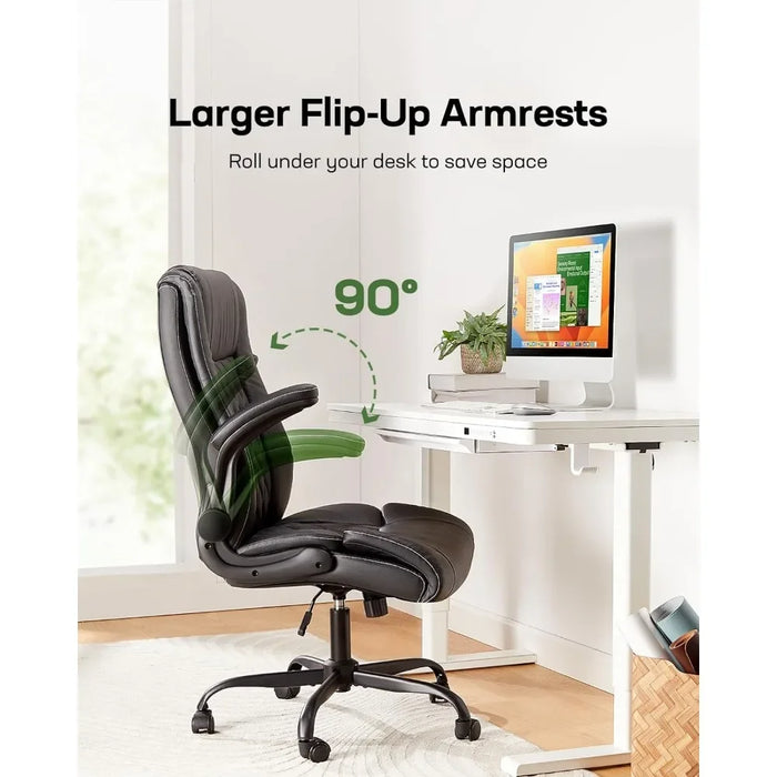 Office Chair with Flip-up Armrests,PU Leather Ergonomic Height-Adjustable Swivel Rolling Computer Desk Chairs,Black