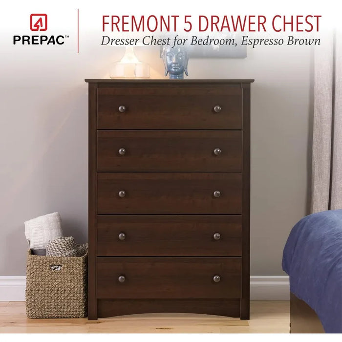 5-Drawer Chest for Bedroom - Spacious and Stylish Chest of Drawers, Measuring 16"D x 31.5"W x 45.25"H, In Espresso Finish
