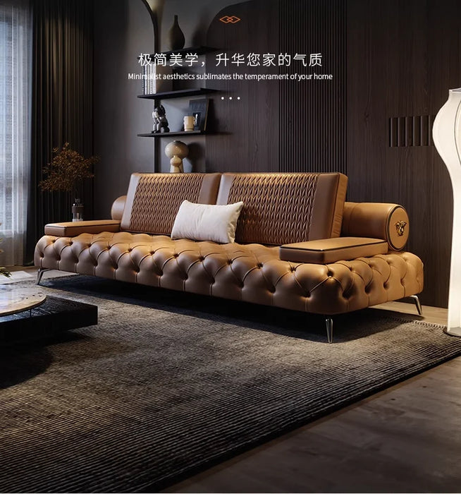 Italian light luxury leather sofa head layer cowhide modern simple straight row sofa living room