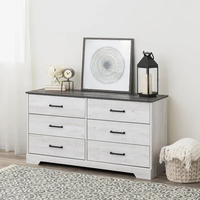 Rustic Ridge Farmhouse 6-Drawer Chest of Drawers for Bedroom, Wooden Bedroom Drawer Dresser with 6 Storage Drawers