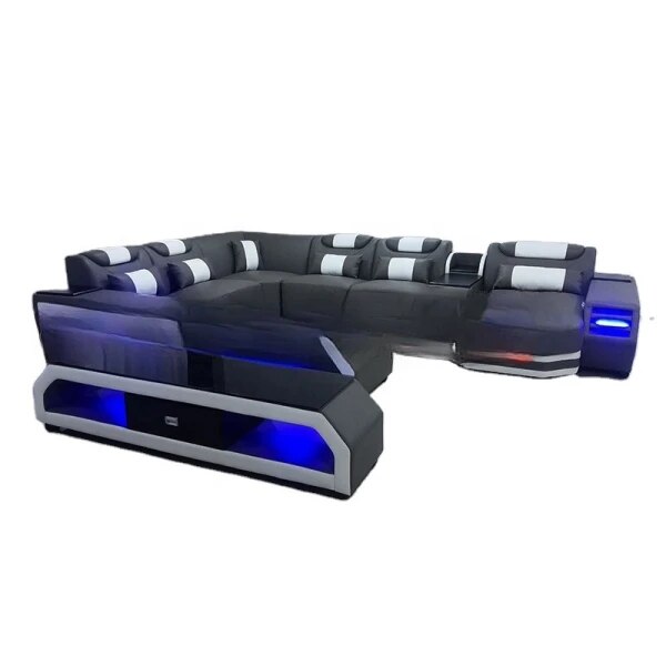 MANBAS Italian Genuine Leather Sectional Sofa with LED Lights | Futuristic Furniture U Shape Couch Living Room Big Sofas Set