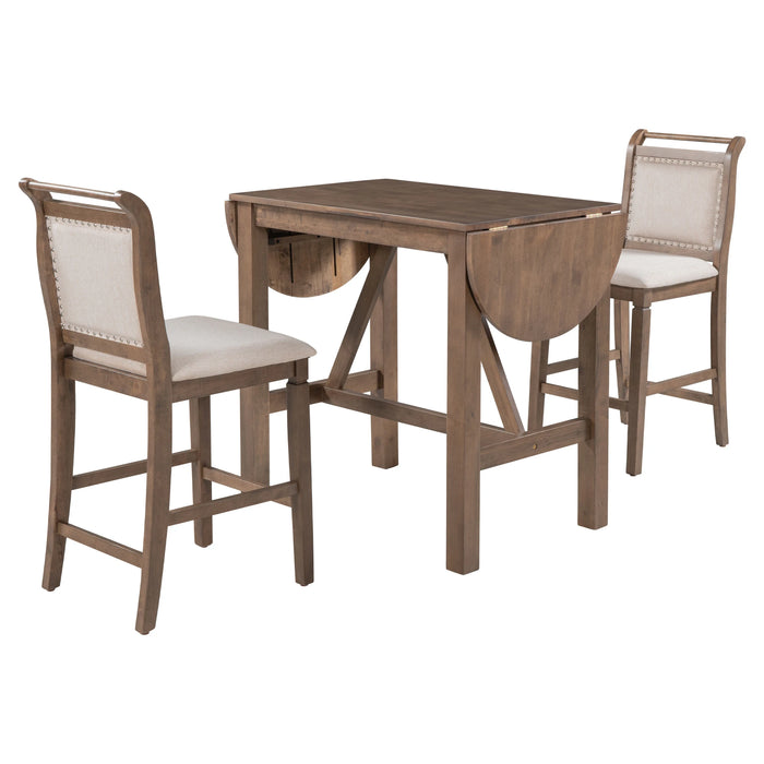3-Piece Wood Counter Height Drop Leaf Dining Table Set with 2 Upholstered Dining Chairs for Small Spaces