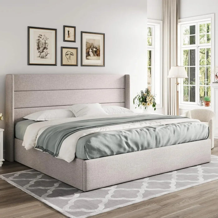 Bed FrameLarge lift storage bed, modern wingback headboard, no springs required, easy to assemble, hydraulic storage