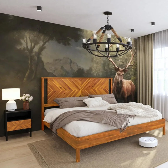 Luxury bed frame with headboard, rustic and Scandinavian style, solid acacia wood, sturdy wooden slatted support