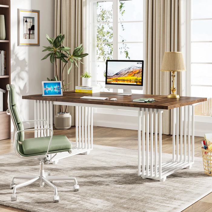 Tribesigns 70.9" Modern Office Desk, Wooden Executive Desk, Brown Computer Desk with White Metal Legs, Large Workstation