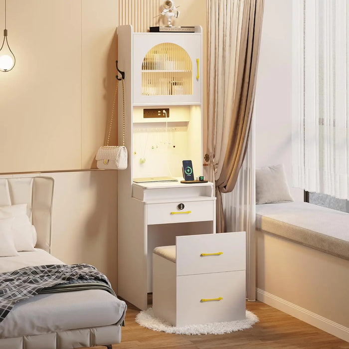 Small Vanity Desk with Mirror and Lights, White Makeup Vanity Table with Drawers for Small Space, Small Corner Vanity Desk Set D