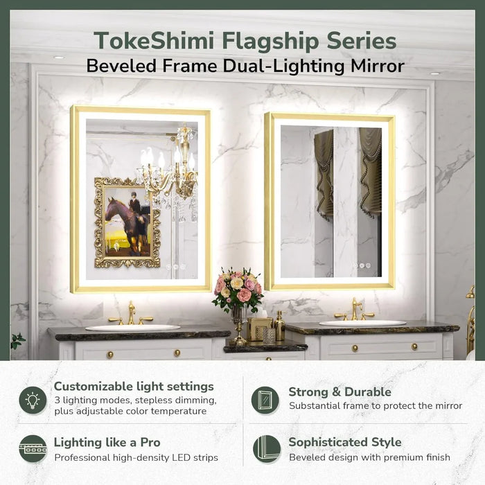 Bathroom Mirror, Gold Framed Backlight And Front Bright Aluminum Alloy Rectangular Beveled Edge, Bathroom Mirror