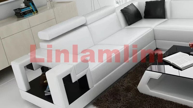 Linlamlim Italian Genuine Leather Sectional Sofa Futuristic Furniture U Shape Couch Living Room Big Sofas Set with Coffee Table