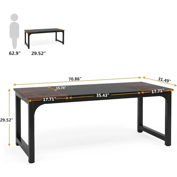 70.8”Executive Desk, Large Office Computer Desk with Thicken Frame, Rustic Brown/Black