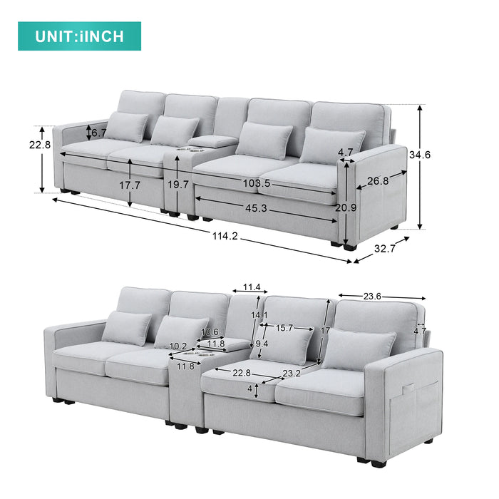 Upholstered Sofa with Console, 2 Cupholders and 2 USB Ports Wired or Wirelessly Charged, Linen Fabric Couches with 4 Pillows