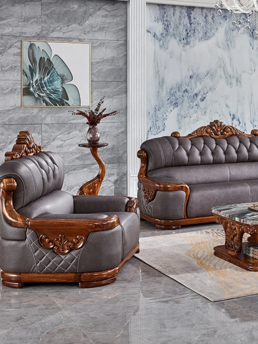 Leather Sofa Combination Solid Wood Sofa Gold Wood European Large and Small Villa Living Room Luxury Style High-end Black Fabric