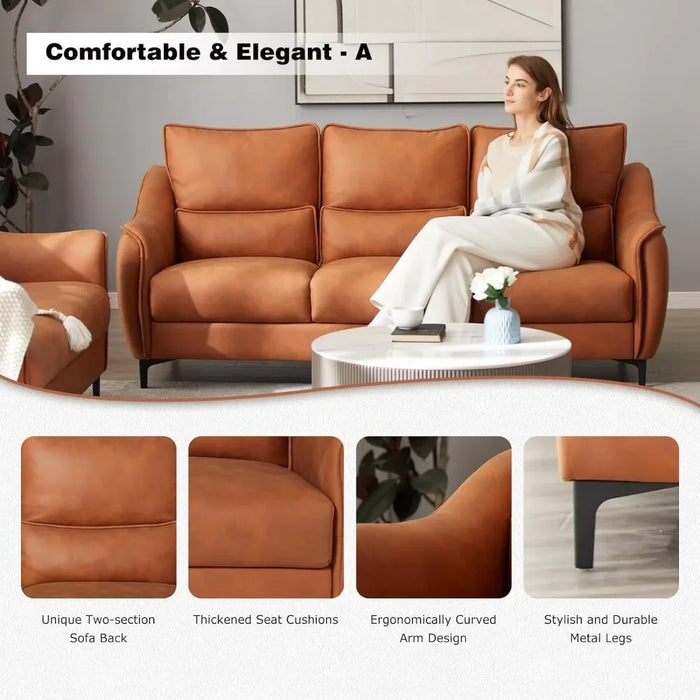 Faux Leather Sofa Couch, Modern 3-Seater Couch for Living Room/Small Space/Bedroom, Comfy Couch with Solid Wooden Frame