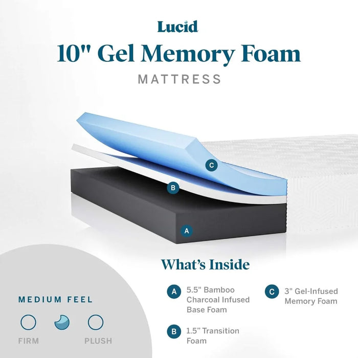 LUCID 10 Inch Memory Foam Mattress - Medium Feel - Bamboo Charcoal Bed in A Box Temperature Regulating Breathable Queen Size