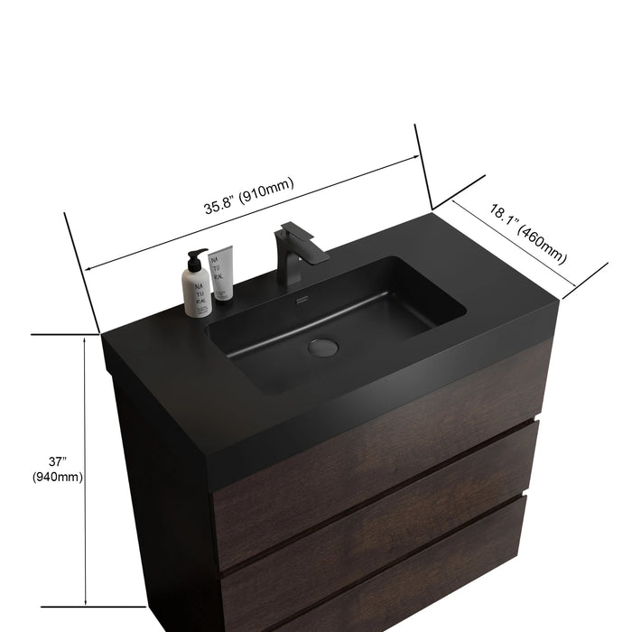 36" Walnut Bathroom Vanity with Sink, Large Storage Freestanding Bathroom Vanity for Modern Bathroom, One-Piece Black Sink Basin