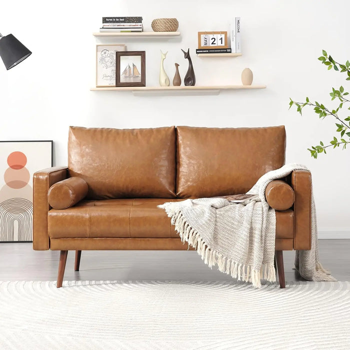56" Loveseat Small Couch, 2 Seater Sofa Faux Leather Couch with Hand-Stitched Cushion and Bolster Pillows for Living Room