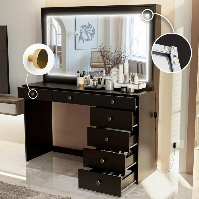 Modern Black Vanity Desk with Mirror and LED Lights, 7 Drawers, Golden Knobs, Sleek and Elegant Black Makeup Desk for Bedroom