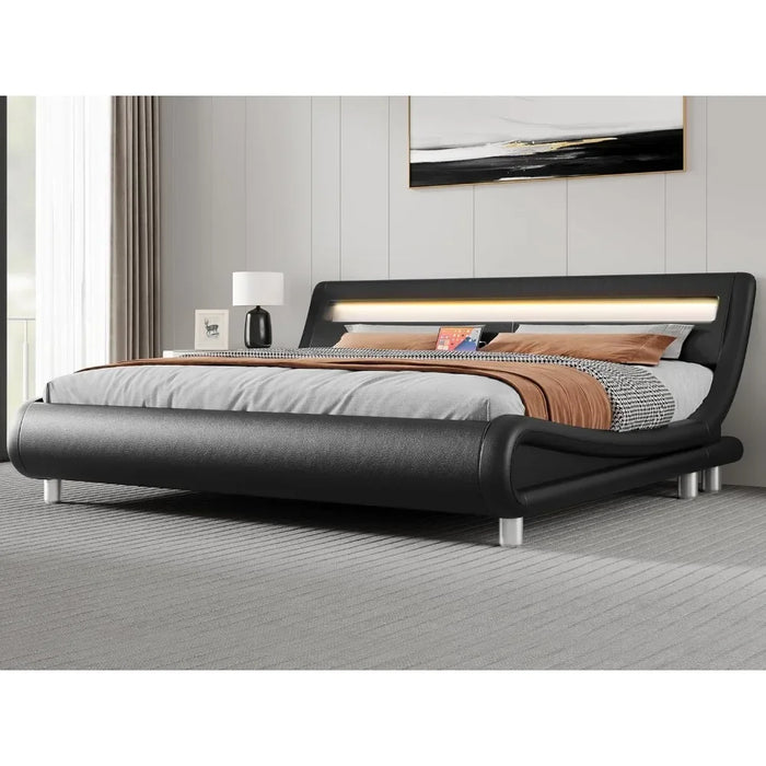 King Size Bed Frame With Headboard Platform Bed Frame With Premium Pu Leather/No Box Spring Needed Bedroom Furniture Black Home