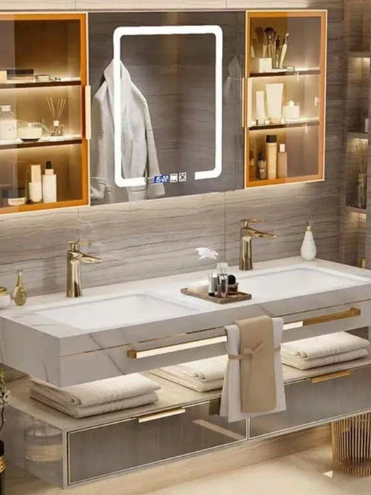 Modern Slate Bathroom Cabinet with Smart Mirror Ceramic Double Washbasin Bathroom Vanity Cabinets Under Sink Bathroom Furniture