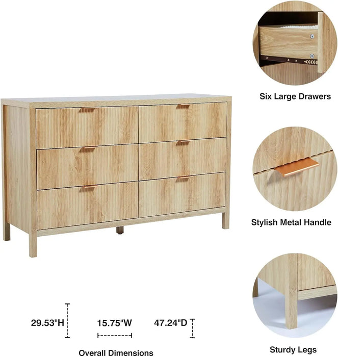6 Drawer Double Dresser for Bedroom, Modern Closet Dressers Chest of Drawers with Fluted Panel, Wood Storage Dresser Organizer