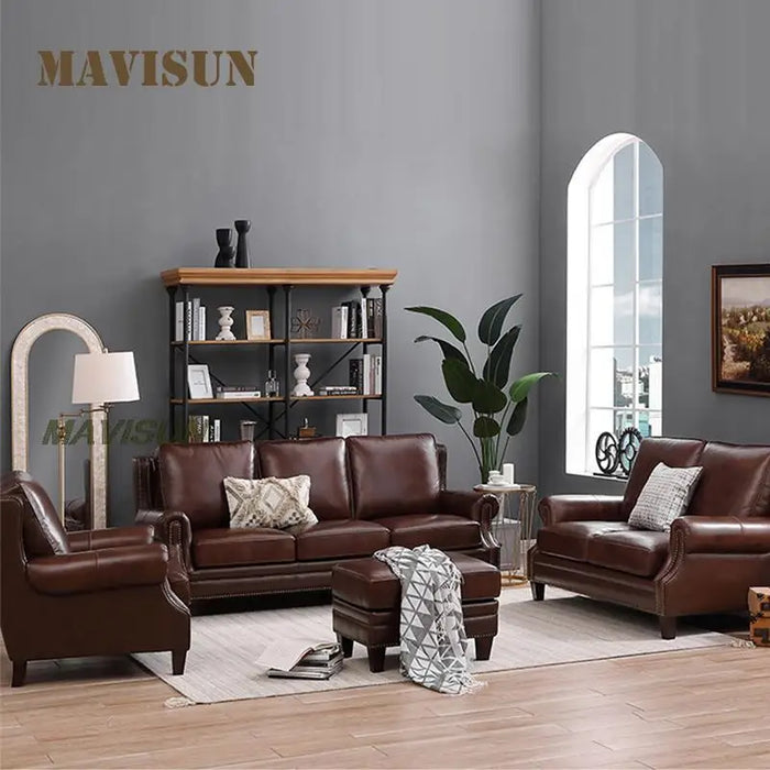 Leather First Layer Cowhide Solid Wood Sofa Combination Light Luxury Canape Living Room Small Apartment Classic Retro Couch