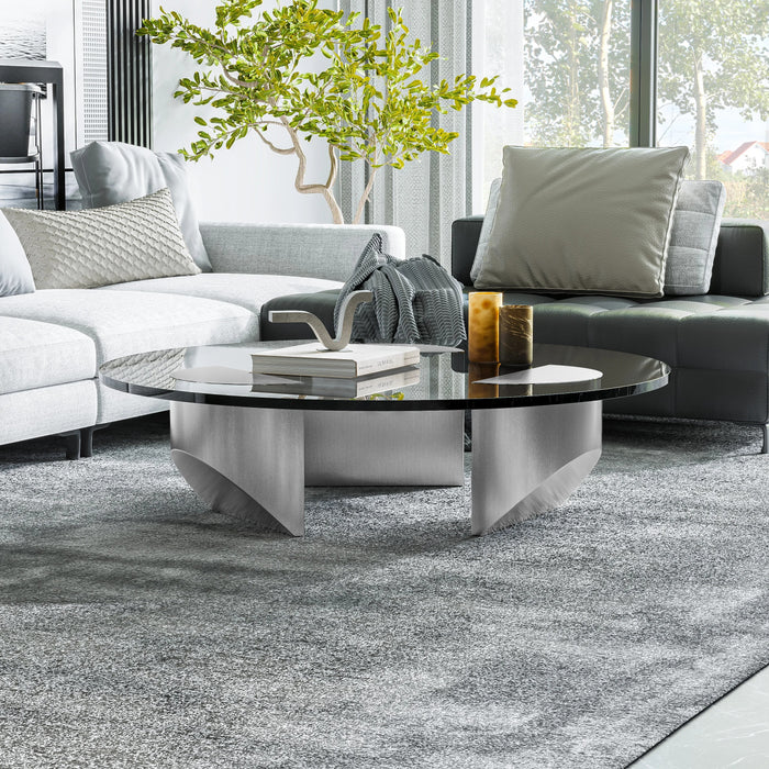 Round Glass Wedge Coffee Table with Heavy Duty Polished Steel Legs Support for Living Room Home Office