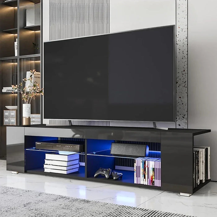 TV Stands With LED Lights Small TV Console Media Table With Glass Shelves and Hidden Side Bookshelf for Living Room Stand