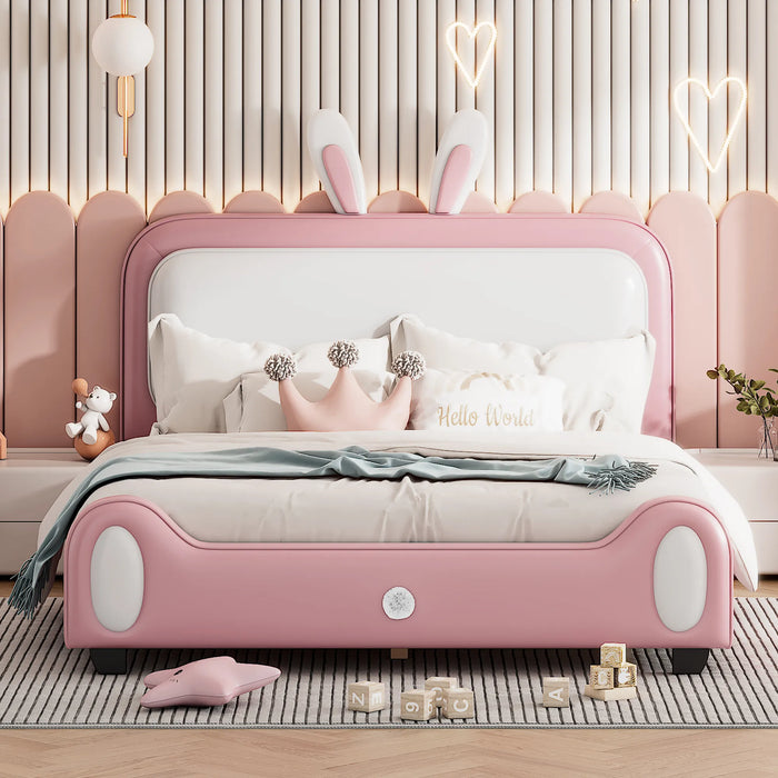 [Flash Sale]Full/Twin Size Upholstered Rabbit-Shape Princess Bed Platform Bed Frame with Headboard & Footboard White+Pink[US-W]