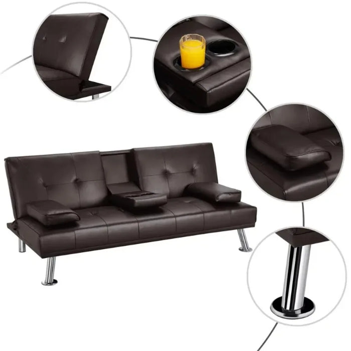LuxuryGoods Modern Faux Leather Futon with Cupholders and Pillows, Espresso furniture living room living room furniture